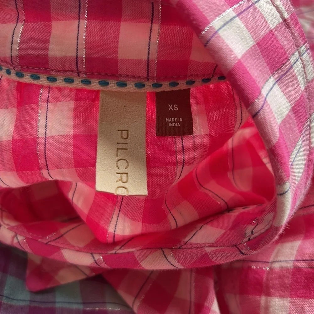 Anthropologie Pilcro Deb Gingham Button down Shirt Pink Blue Cotton Sz XS